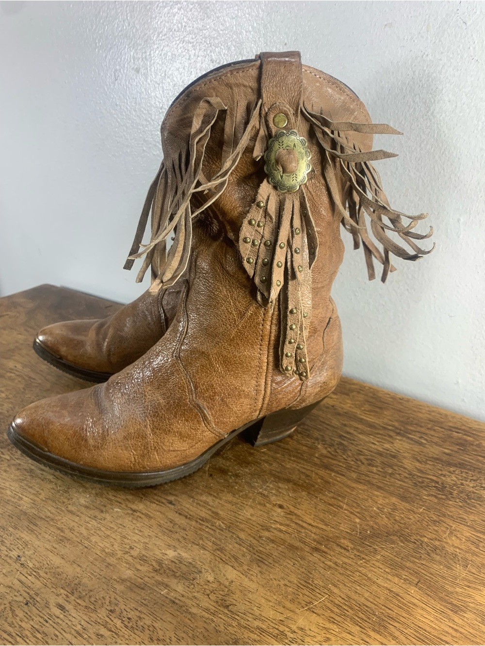 Vintage Brown leather fringe western ankle boots -boho cowgirl style